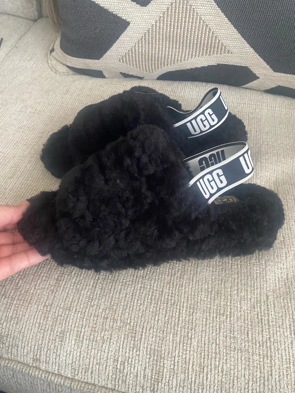 UGG Kids Black Plush Fluff Slippers with Branded Elastic Strap